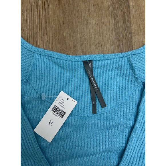 Anthropologie light blue Ribbed Wrap Top Long Sleeve Balloon Cuff Blue XS NEW - Picture 2 of 6